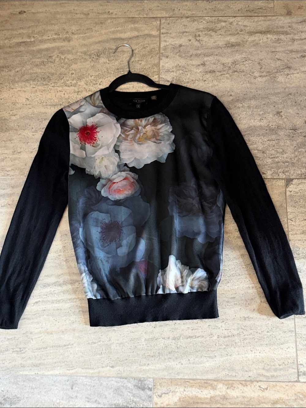 Ted Baker Black Floral-Front Crewneck Sweater